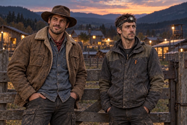 Two survivors at a farm gate at dusk: Dan in a wide-brim hat and sheepskin jacket, Ed in a head torch and olive work jacket